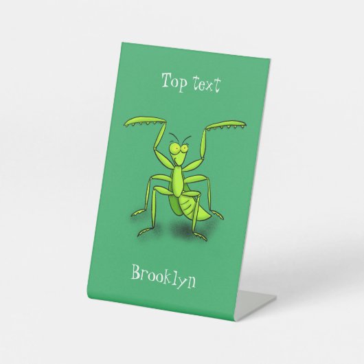 Funny green praying mantis cartoon illustration reclamebord met voetstuk (Voorkant)