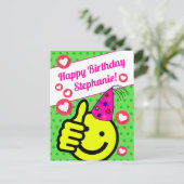 Funny Green Smile Face Jouw naam Happy Birthday Briefkaart (Staand voorkant)