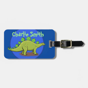 Funny green stegosaurus dinosaur cartoon bag label bagagelabel
