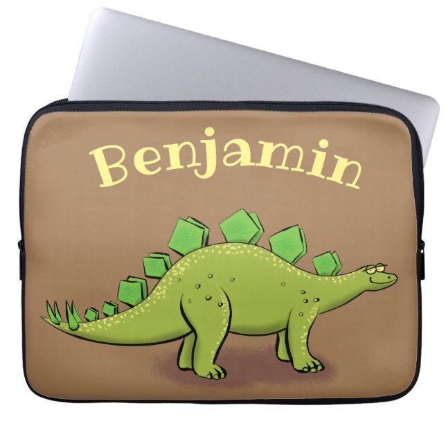 Funny green stegosaurus dinosaur cartoon laptop sleeve (Voorkant)