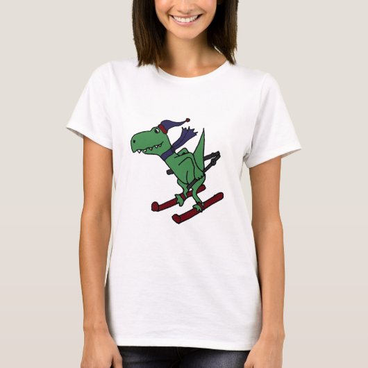 Funny Green Trex Dinosaur Skiing T-shirt (Voorkant)