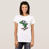 Funny Green Trex Dinosaur Skiing T-shirt (Voorkant volledig)