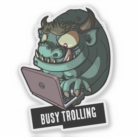 Funny Green Troll Busy Trolling On Laptop Cartoon Sticker (Voorkant)