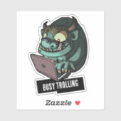 Funny Green Troll Busy Trolling On Laptop Cartoon Sticker (Vel)
