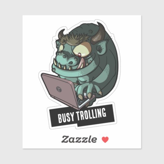 Funny Green Troll Busy Trolling On Laptop Cartoon Sticker (Vel)