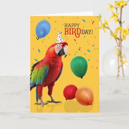Funny Green Winged Macaw Parrot Birthday Kaart (Gele Bloem)