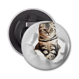 Funny Grey Cat Popping door Torn Paper Illusion Button Flesopener