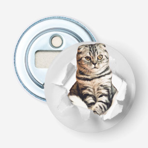 Funny Grey Cat Popping door Torn Paper Illusion Button Flesopener