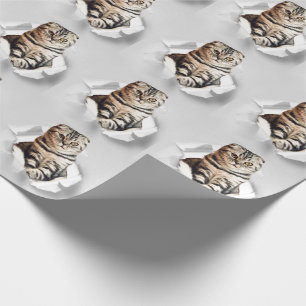Funny Grey Cat Popping door Torn Paper Illusion Cadeaupapier