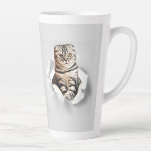 Funny Grey Cat Popping door Torn Paper Illusion Latte Mok