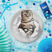 Funny Grey Cat Popping door Torn Paper Illusion Papieren Bordje (Feest)