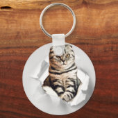 Funny Grey Cat Popping door Torn Paper Illusion Sleutelhanger (Voorkant)
