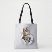 Funny Grey Cat Popping door Torn Paper Illusion Tote Bag (Voorkant)