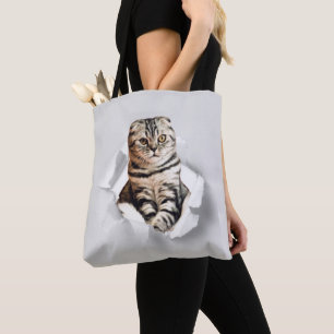 Funny Grey Cat Popping door Torn Paper Illusion Tote Bag