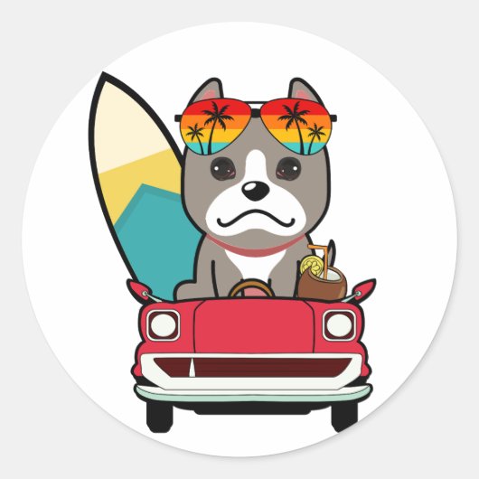 Funny Grey Dog rijdt naar het strand Ronde Sticker (Voorkant)