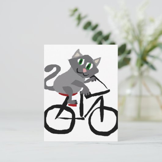 Funny Grey Kitty Cat Riding Bicycle Briefkaart (Staand voorkant)