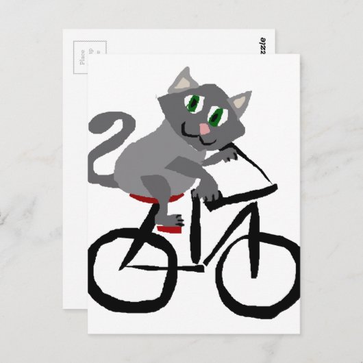 Funny Grey Kitty Cat Riding Bicycle Briefkaart (Voorkant / Achterkant)