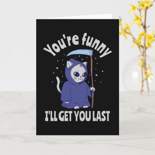 Funny Grim Reaper Cat Halloween Costume Kaart (Gele Bloem)