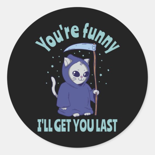 Funny Grim Reaper Cat Halloween Costume Ronde Sticker (Voorkant)