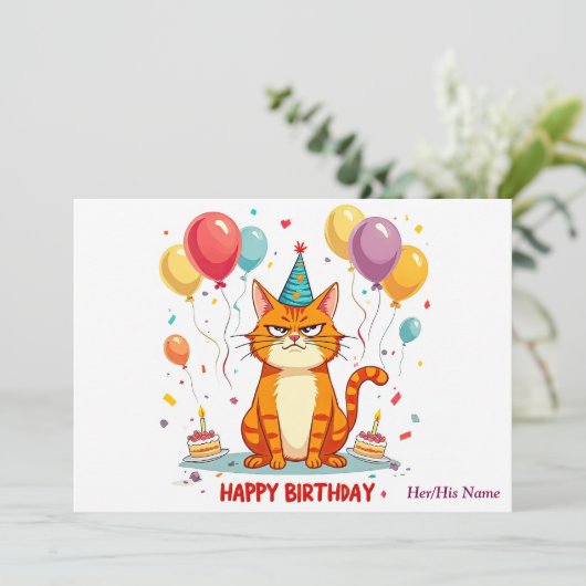 Funny Grumpy Cat Birthday Card – Balloon Overload Kaart (Staand voorkant)