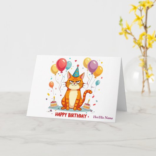 Funny Grumpy Cat Birthday Card – Balloon Overload Kaart (Gele Bloem)