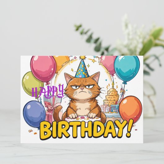 Funny Grumpy Cat Birthday Card – Cartoon Party Hum Kaart (Staand voorkant)