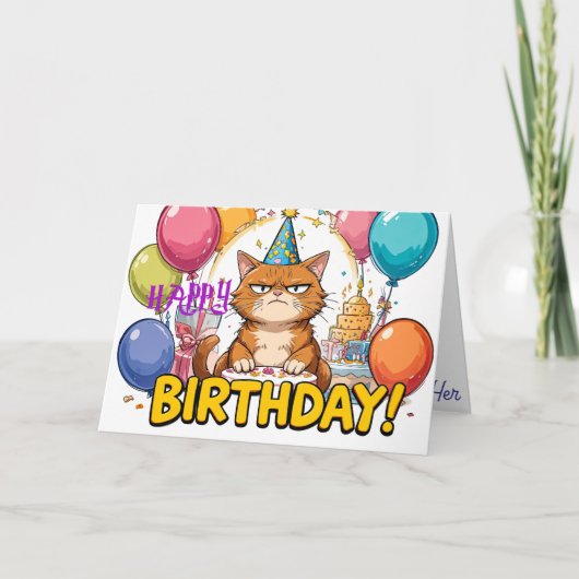 Funny Grumpy Cat Birthday Card – Cartoon Party Hum Kaart (Voorkant)