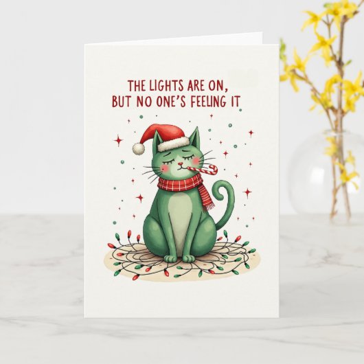 Funny Grumpy Cat Christmas Card The Lights Are On Kaart (Gele Bloem)