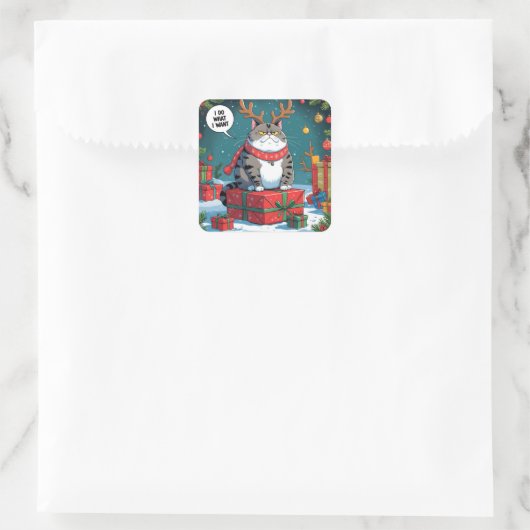 Funny Grumpy Cat Christmas Design – Fat Cat Vierkante Sticker (Tas)