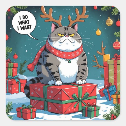 Funny Grumpy Cat Christmas Design – Fat Cat Vierkante Sticker (Voorkant)