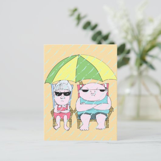 Funny Grumpy Couple bij Beach in Rain Art Briefkaart (Staand voorkant)