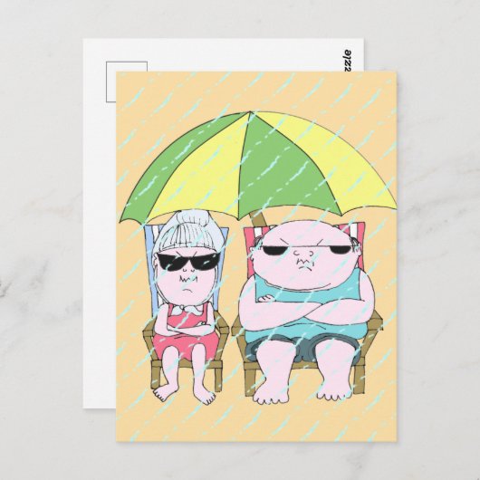 Funny Grumpy Couple bij Beach in Rain Art Briefkaart (Voorkant / Achterkant)
