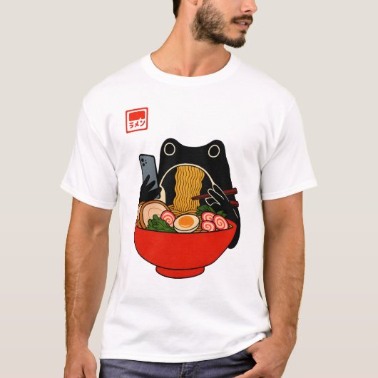 Funny Grumpy Frog Eat Ramen and Scroll Phone Art T-shirt (Voorkant)