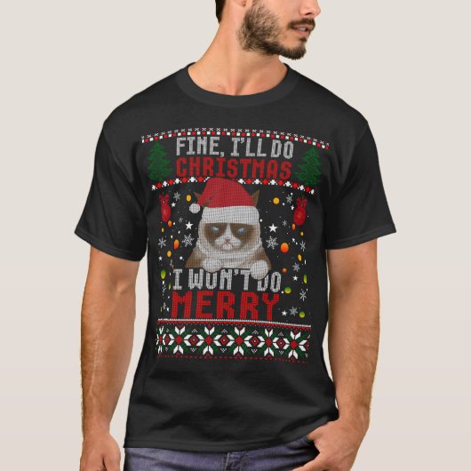 Funny Grumpy kerstkat Pun Joke Ugly Xmas Swea T-shirt (Voorkant)