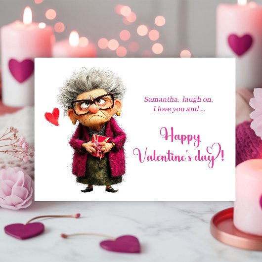 Funny Grumpy Lady In Hot Pink Valentine’s Day Card Feestdagenkaart