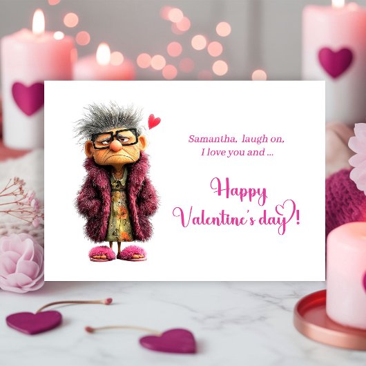 Funny Grumpy Old Lady Valentine Card in Hot Pink Feestdagenkaart