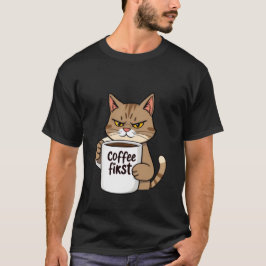Funny Grumpy Tabby Cat Coffee First Morning ✨🐾☕ T-shirt