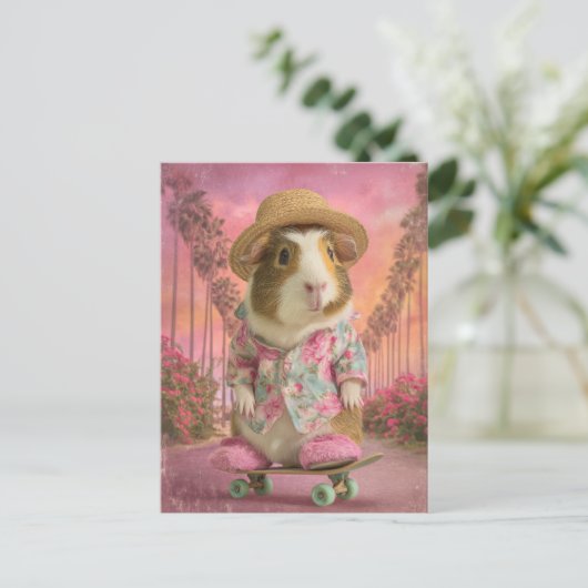 Funny Guinea Pig on Skateboard in Pink Slippers Briefkaart (Staand voorkant)