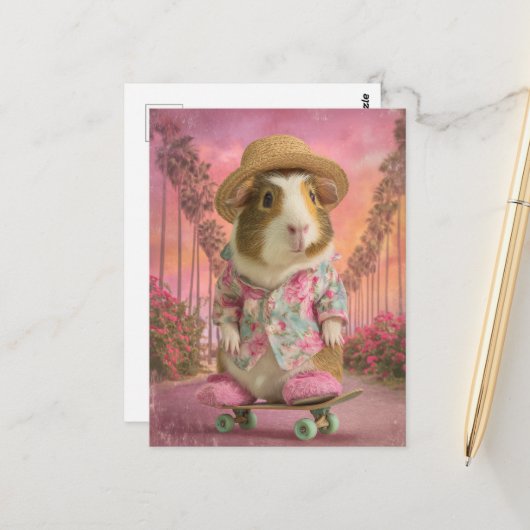 Funny Guinea Pig on Skateboard in Pink Slippers Briefkaart (Voorkant / Achterkant in situ)