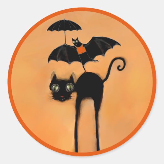 Funny Halloween Black Cat and Bat Ronde Sticker (Voorkant)