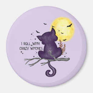 Funny Halloween Black Cat en Magical Moon Magneet