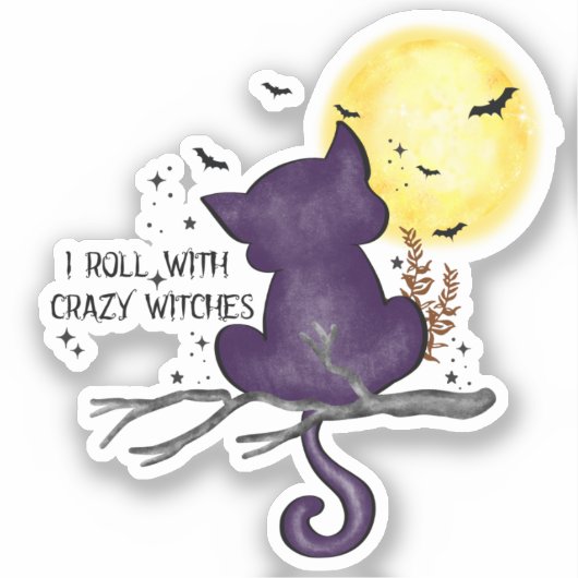 Funny Halloween Black Cat en Magical Moon Sticker (Voorkant)