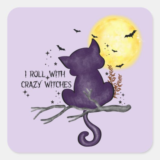 Funny Halloween Black Cat en Magical Moon Vierkante Sticker (Voorkant)