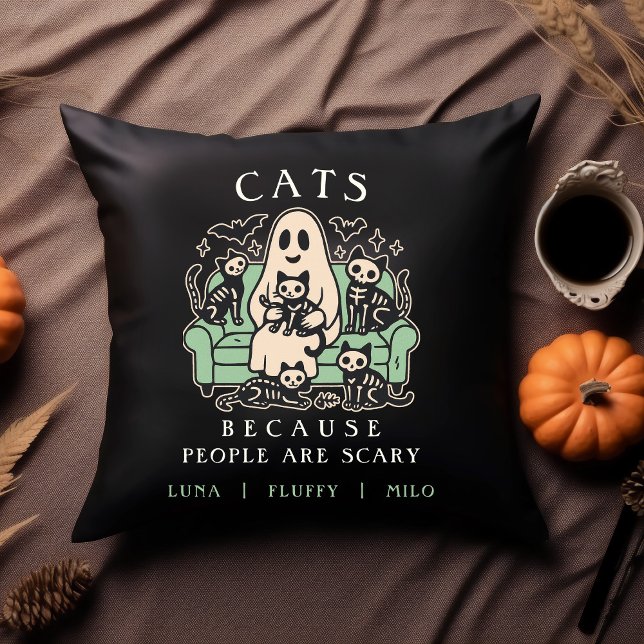 Funny Halloween Cat and Ghost Throw Pillow Kussen (Cats Because People Are Scary Funny Throw Pillow with Cats and Ghost with custom names)
