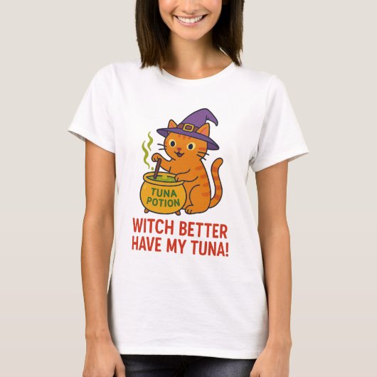 Funny Halloween Cat Witch T-Shirt  (Voorkant)