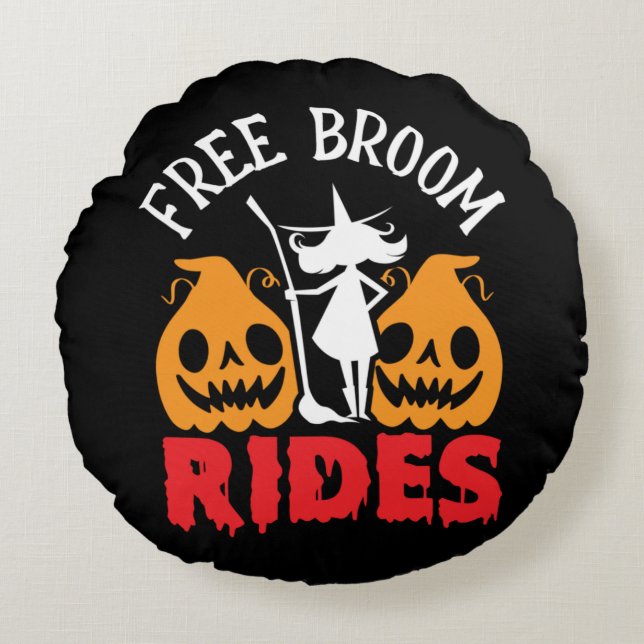 Funny Halloween Free Broom Rides Witch Pumpkins Rond Kussen (Voorkant)