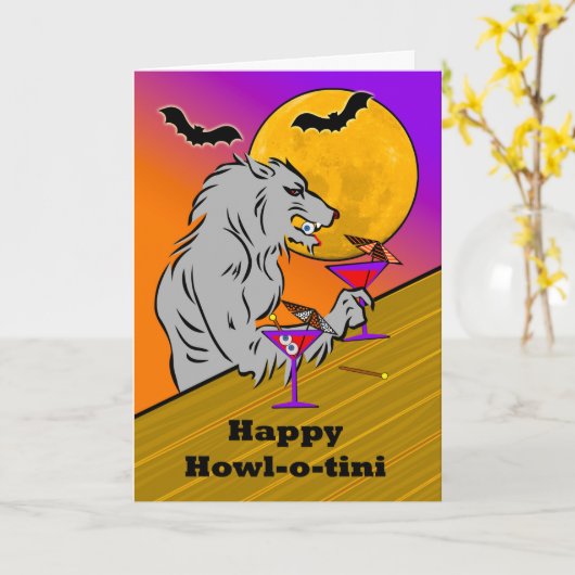 Funny Halloween Howl-o-tini met Wolf Martinis Kaart (Gele Bloem)