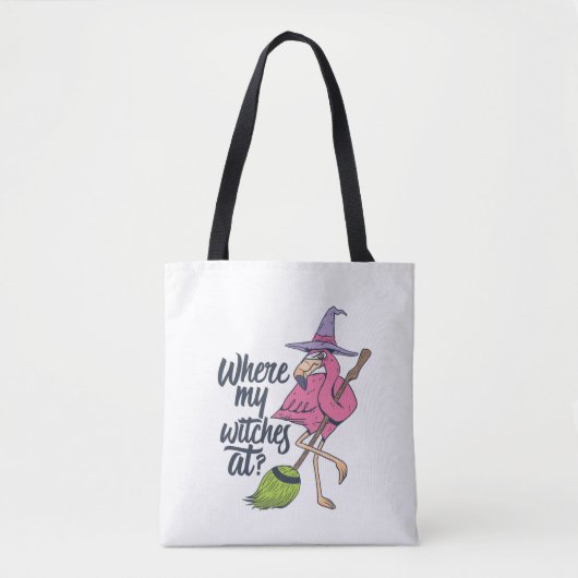 Funny Halloween Pink Flamingo, waar mijn heksen op Tote Bag (Voorkant)