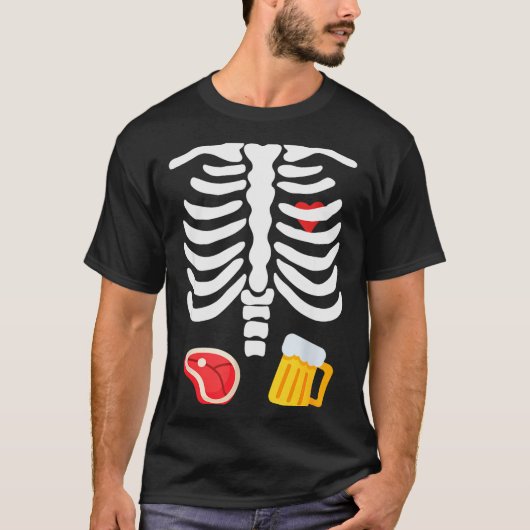 Funny Halloween Skeleton Beer &amp; Steak Costume  T-shirt (Voorkant)