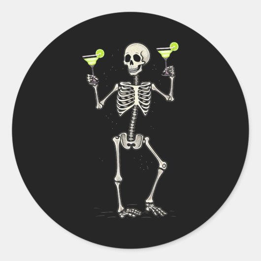 Funny Halloween Skeleton Drinking Margarita Tail Ronde Sticker (Voorkant)